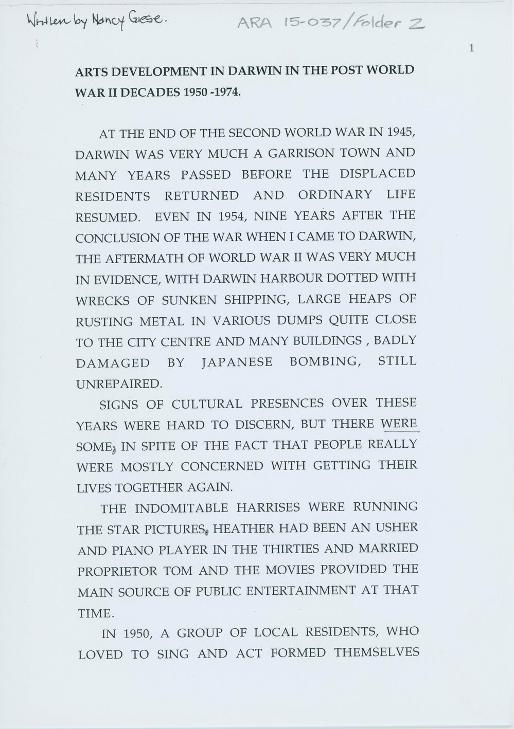 Arts development in Darwin in the post World War II decades 1950 - 1974