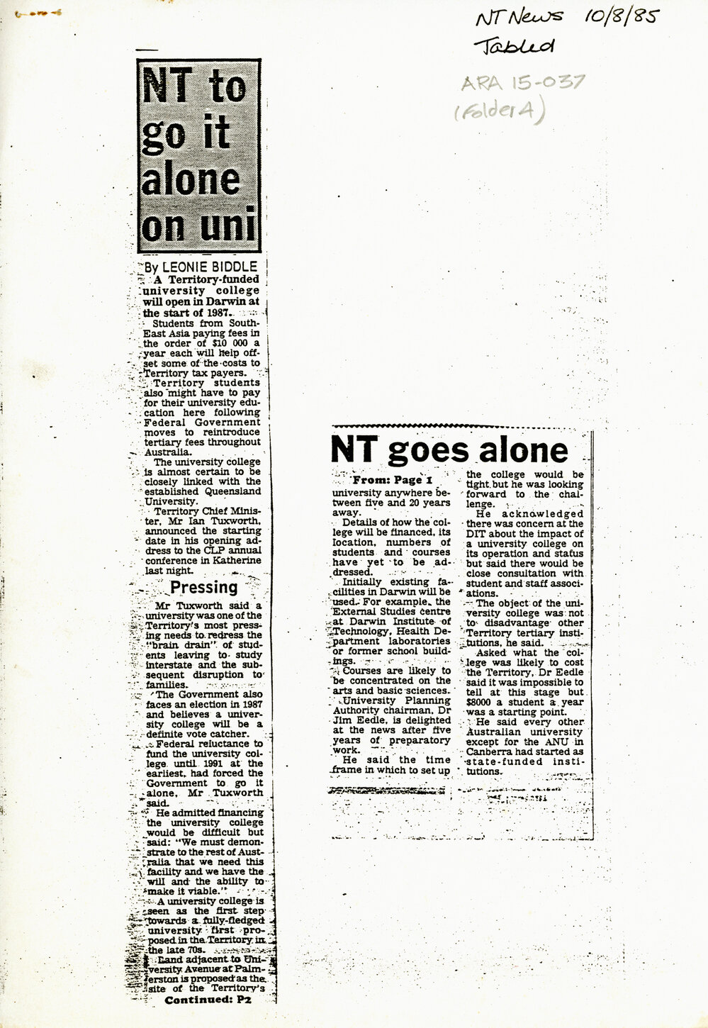 &lsquo;NT to go it alone on uni&rsquo;, 10 Aug 1985