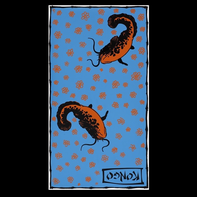 Kongo (Two orange carp floating on wallpaper)