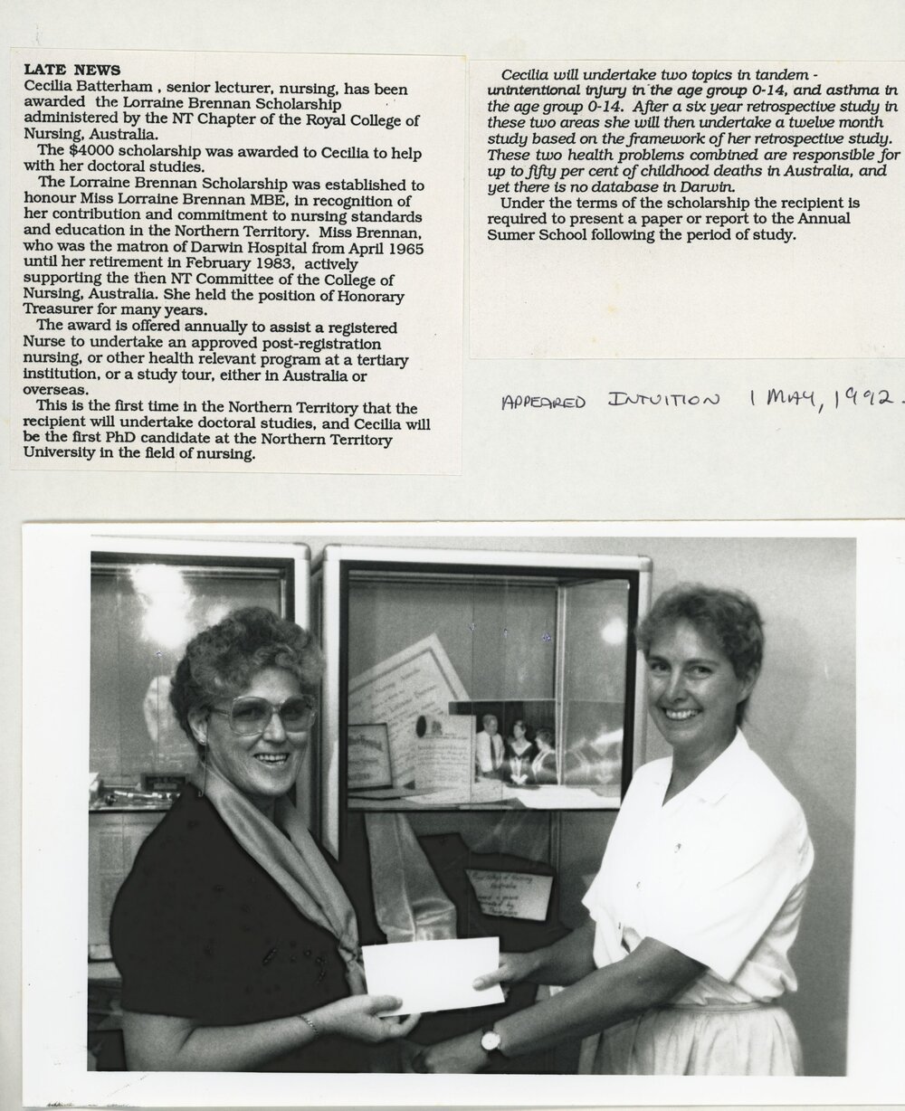 Cecilia Batterham receiving scholarship, 1992